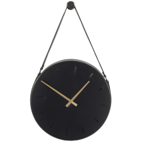 DecMode 16" Black Stainless Steel Wall Clock with Leather Hanging Straps